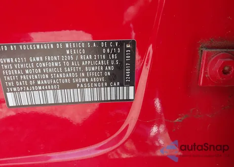 2013 Volkswagen Jetta 2.5L Se из США, поврежденный, VIN 3VWDP7AJ9DM448802